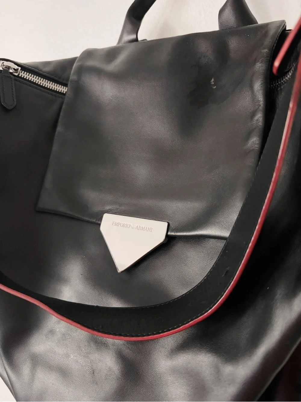 Emporio Armani Black Leather Backpack with Red Accent